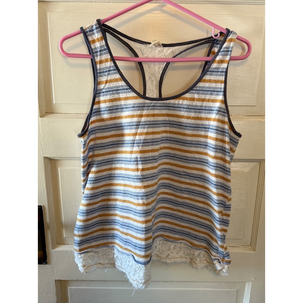 Hem & Thread Womens Large Racerback Tank Top Blue Striped Lace Trim Boho